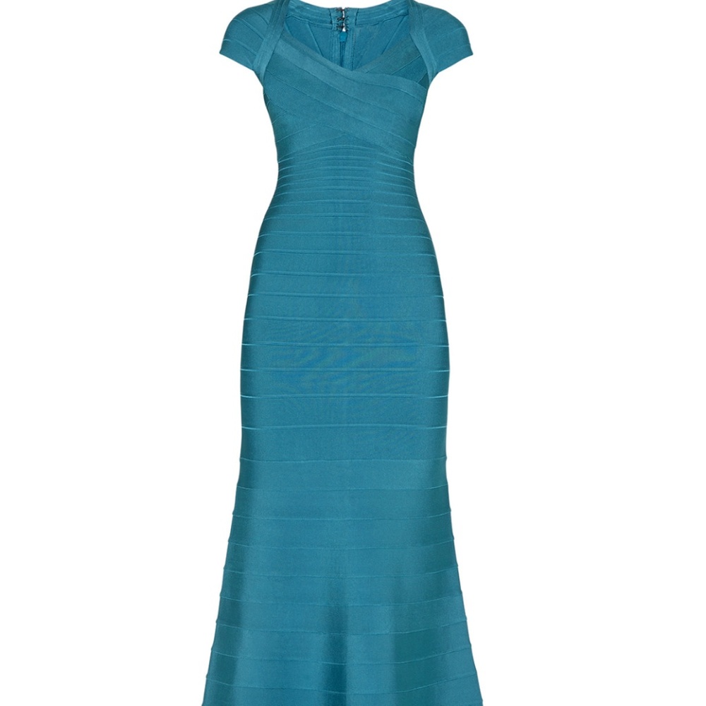 Herve Leger Teal Cap Sleeve Mermaid Gown